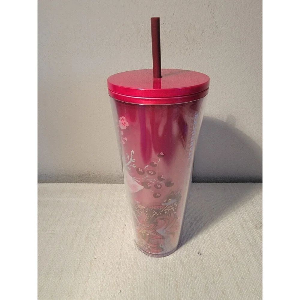 Starbucks‎ 24oz Venti Cold Cup Tumbler 2022 Holiday Enchanted Forest Pearl Red